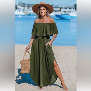 Swept Away Off-Shoulder Olive Green Maxi Dress